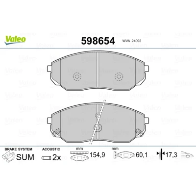Bilde av VALEO 598654 Bremseklosser framaksel inkl. slitasjevarselkontakt uten antiskrike blikk KIA: SORENTO 1