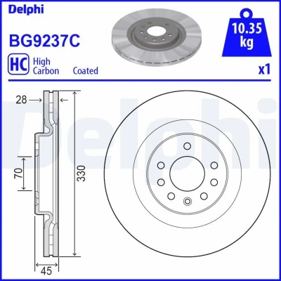 Bilde av DELPHI BG9237C Bremseskiver 330 28 5 ventilert belagt høy karbon uten hjullager, ABS sensorring OPEL: Corsa E Hatchback