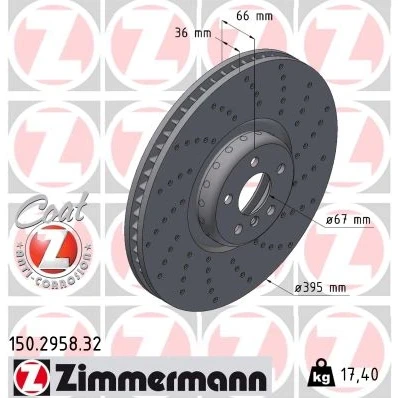 Bilde av ZIMMERMANN Bremseskive BMW: 5 Sedan, Touring, X5 395mm 36mm 6/5 hull 112mm innvendig ventilert, nedsenket belagt høy karbon 150.2958.32