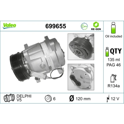 Bilde av VALEO 699655 Kompressor V5 12V PAG 46 R134a med kompressorlje REMANUFACTURED
