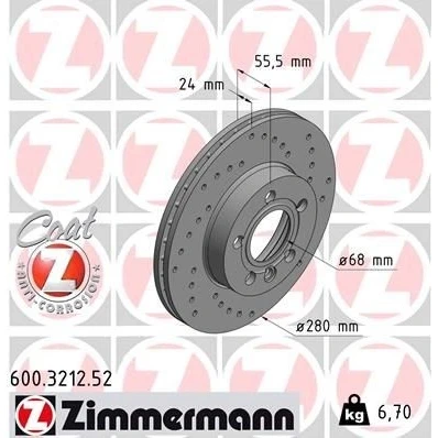 Bilde av ZIMMERMANN SPORT COAT Z 600.3212.52 Bremseskiver 280 24 6/5 5 112 innvendig ventilert, hullet belagt VOLKSWAGEN: Transporter 4 Bus,
