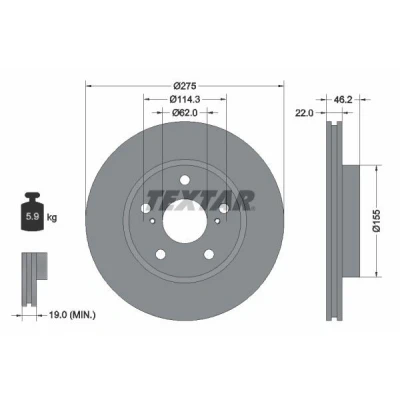 Bilde av TEXTAR PRO 92163803 Bremseskiver 275 22 05/07 114,3 innvendig ventilert belagt uten hjulfestebolt, hjulnav TOYOTA: Auris Hatchback