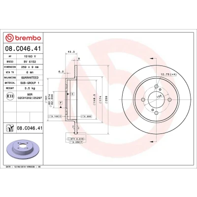 Bilde av BREMBO 08.C046.41 Bremseskiver 259 9 4 fullt ut belagt SUZUKI: SWIFT