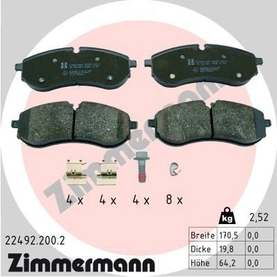Bilde av ZIMMERMANN 22492.200.2 Bremseklosser klargjort for slitasjeindikator med skruer Bildet viser leveranseinnholdet, glideplate, fjær