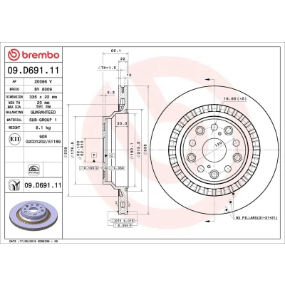 Bilde av BREMBO 09.D691.11 Bremseskiver 335 22 5 innvendig ventilert belagt LEXUS: LS IV