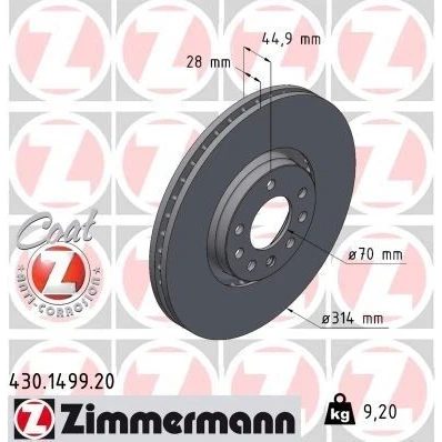 Bilde av ZIMMERMANN COAT Z 430.1499.20 Bremseskiver 314 28 8/5 5 110 utvendig ventilert belagt høy karbon SAAB: 9 3 Sedan, Stasjonsvogn, Cabrio