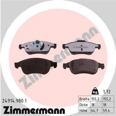 Bilde av ZIMMERMANN 24914.980.1 Bremseklosser Bildet viser leveranseinnholdet RENAULT: Zoe, MEGANE 3, GRAND SCENIC DACIA: Duster SUV, II