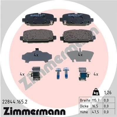 Bilde av ZIMMERMANN 22844.165.2 Bremseklosser med akustisk slitasjevarsel skruer Bildet viser leveranseinnholdet, glideplate