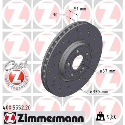 Bilde av ZIMMERMANN Bremseskive MERCEDES BENZ: A Klasse 330mm 30mm 6/5 5 hull 112mm innvendig ventilert, hullet belagt høy karbon 400.5552.20 Bremseskiver