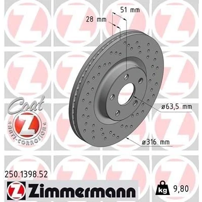 Bilde av ZIMMERMANN 250.1398.52 Bremseskiver 316 28 5/5 5 108 innvendig ventilert, hullet belagt FORD: S Max Mk2, Galaxy Mk3 MPV