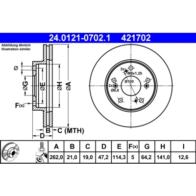 Bilde av ATE 24.0121 0702.1 Bremseskiver 262,0 21,0 5 114,3 ventilert belagt med skruer HONDA: CIVIC 8, 7 Hatchback