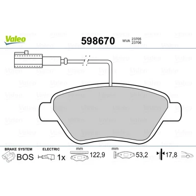 Bilde av VALEO 598670 Bremseklosser framaksel inkl. slitasjevarselkontakt med sikringsskruesett, antihyle blikk FIAT: 500 Hatchback, Punto Evo Hatchback