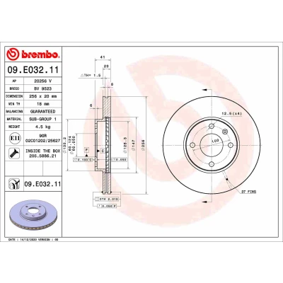 Bilde av BREMBO 09.E032.11 Bremseskiver 256 20 4 innvendig ventilert belagt med skruer