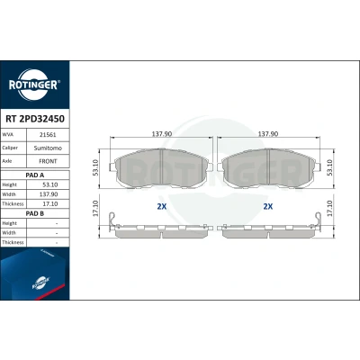 Bilde av Bremseklosser sett ROTINGER RT 2PD32450