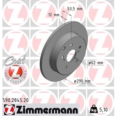 Bilde av ZIMMERMANN 590.2845.20 Bremseskiver 290 12 8/5 5 114 fullt ut belagt TOYOTA: Prius Plus