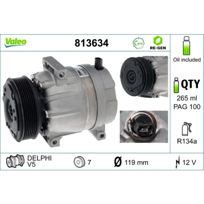 Bilde av VALEO 813634 Kompressor V5 12V PAG 100 R134a med kompressorlje REMANUFACTURED