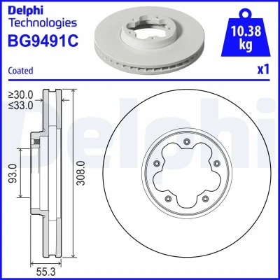 Bilde av DELPHI Bremseskive FORD: Transit Custom V362 Van, Minibuss, Tourneo Minibuss 308mm 33mm 5 ventilert belagt ubehandlet