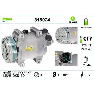 Bilde av VALEO 815024 Kompressor DKS15D 12 PAG 46 R 134a med kompressorlje MITSUBISHI: L200 / Triton IV Pick up