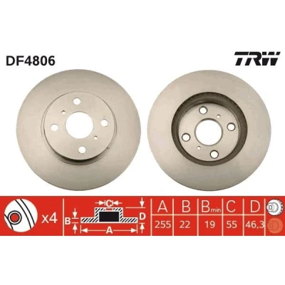 Bilde av TRW DF4806 Bremseskiver 255 22 4 100 ventilert spraylakkert TOYOTA: Yaris III Hatchback, II Corolla X Sedan