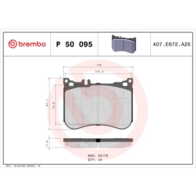 Bilde av BREMBO P 50 095 Bremseklosser klargjort for slitasjeindikator uten tilbehør MERCEDES BENZ: SL Cabrio, E Klasse Sedan, S Sedan