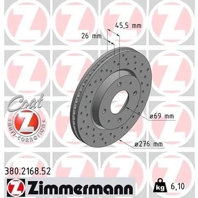 Bilde av ZIMMERMANN SPORT COAT Z 380.2168.52 Bremseskiver 276 26 6/4 4 114 innvendig ventilert, hullet belagt MITSUBISHI: Lancer 7 Limousine, Galant 6