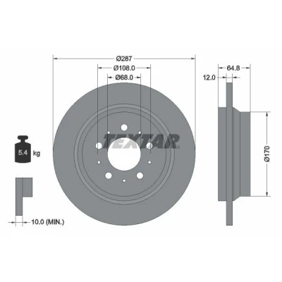 Bilde av TEXTAR PRO 92100703 Bremseskiver 287 12 05/10 108 fullt ut belagt uten hjulfestebolt, hjulnav VOLVO: V70 2, XC70 I Cross Country, S80