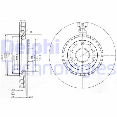 Bilde av DELPHI BG3723 Bremseskiver 305 28 5 ventilert oljet ubehandlet uten hjullager, ABS sensorring