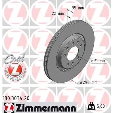Bilde av ZIMMERMANN COAT Z 180.3034.20 Bremseskiver 294 22 8/5 5 108 utvendig ventilert belagt TOYOTA: Proace II Van, Verso, CITROËN: Jumpy III Van