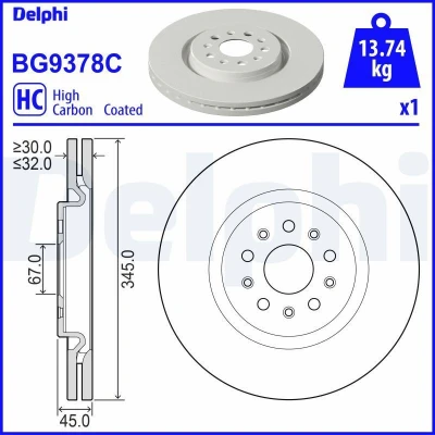 Bilde av DELPHI BG9378C Bremseskiver 345 32 5 ventilert belagt høy karbon uten hjullager, ABS sensorring MASERATI: Levante SUV