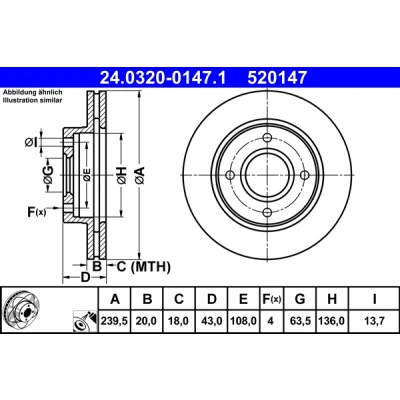 Bilde av ATE PowerDisc 24.0320 0147.1 Bremseskiver 239,5 20,0 4 108,0 ventilert belagt FORD: Escort 5, 6