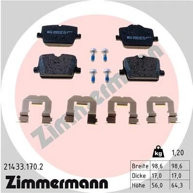 Bilde av ZIMMERMANN 21433.170.2 Bremseklosser klargjort for slitasjeindikator med skruer Bildet viser leveranseinnholdet, glideplate BMW: 3 Sedan