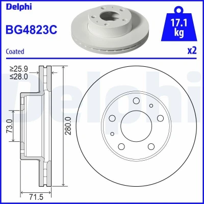 Bilde av DELPHI BG4823C Bremseskiver 280 28 5 ventilert belagt ubehandlet uten hjullager, ABS sensorring FIAT: Ducato III Flatvogn lastebil / Chassis