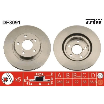 Bilde av TRW DF3091 Bremseskiver 260 24 5 100 ventilert spraylakkert SUBARU: Impreza III Hatchback, II Sedan, Stasjonsvogn