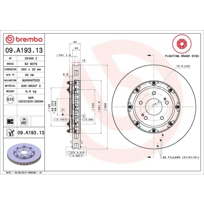Bilde av BREMBO TWO PIECE FLOATING DISCS LINE 09.A193.13 Bremseskiver 350 32 5 innvendig ventilert, todelt bremseskive belagt høy karbon