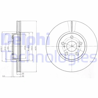 Bilde av DELPHI BG4277 Bremseskiver 275 22 5 ventilert oljet ubehandlet uten hjullager, ABS sensorring TOYOTA: Verso S, Urban Cruiser, Corolla X Sedan