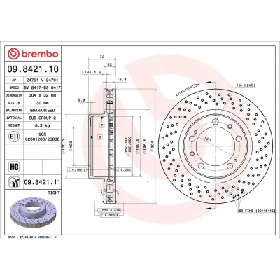 Bilde av BREMBO COATED DISC LINE 09.8421.11 Bremseskiver 304 32 5 perforert / ventilert belagt høy karbon PORSCHE: 911 Coupé