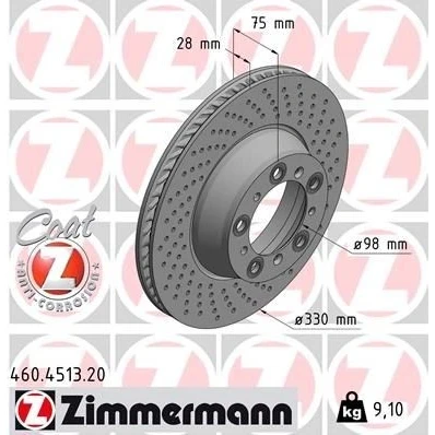 Bilde av ZIMMERMANN Bremseskive PORSCHE: 911 Coupé 28mm 10/5 5 hull 130mm innvendig ventilert, hullet belagt 460.4513.20 99135240401,9P1615602 Bremseskiver
