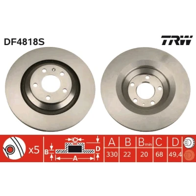 Bilde av TRW DF4818S Bremseskiver 330 22 5 112 ventilert spraylakkert AUDI: A6 C6 Avant, Sedan
