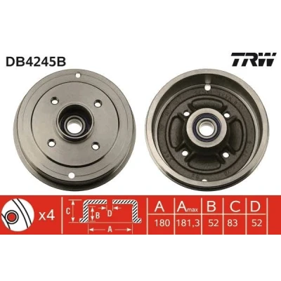 Bilde av TRW DB4245B Bremsetrommel med lager, uten ABS sensorring RENAULT: CLIO 2