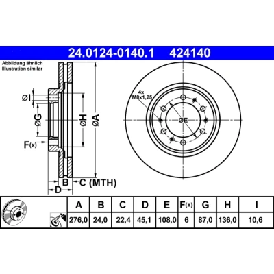 Bilde av ATE 24.0124 0140.1 Bremseskiver 276,0 24,0 6 108,0 ventilert belagt MITSUBISHI: PAJERO 3, L200 / Triton IV Pick up, 2