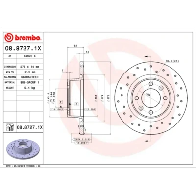 Bilde av BREMBO XTRA LINE 08.8727.1X Bremseskiver 276 14 4 fullt ut, hullet belagt CITROËN: C5 III Stasjonsvogn, 3, II Hatchback
