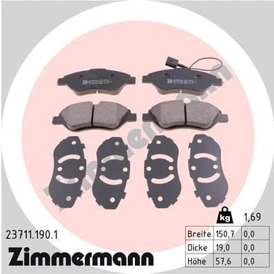 Bilde av ZIMMERMANN 23711.190.1 Bremseklosser inkl. slitasjevarselkontakt Bildet viser leveranseinnholdet FIAT: BRAVO 2, Stilo Hatchback, ALFA ROMEO: MiTo