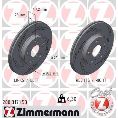 Bilde av ZIMMERMANN Bremseskive HONDA: CIVIC 8 Hatchback, 23mm 9/5 5 hull 114mm innvendig ventilert, med sliss belagt 280.3171.53 45251S7AE10