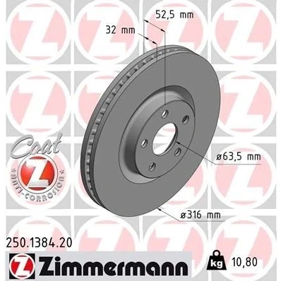 Bilde av ZIMMERMANN COAT Z 250.1384.20 Bremseskiver 316 32 5/5 5 108 innvendig ventilert belagt FORD: S Max Mk2, Galaxy Mk3 MPV, FORD USA: Edge Mk2