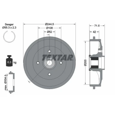 Bilde av TEXTAR 94041200 Bremsetrommel med ABS senorring, hjullager, uten hjulfestebolt, hjulnav 245 PEUGEOT: 206 Hatchback, CITROËN: C3 I Hatchback
