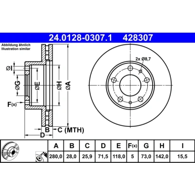 Bilde av ATE 24.0128 0307.1 Bremseskiver 280,0 28,0 5 118,0 ventilert belagt PEUGEOT: Boxer Minibuss, Van, Flatvogn lastebil/Chassis