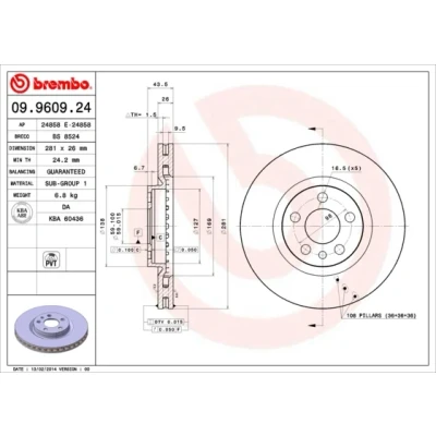 Bilde av BREMBO 09.9609.24 Bremseskiver 281 26 5 innvendig ventilert PEUGEOT: Expert I Van