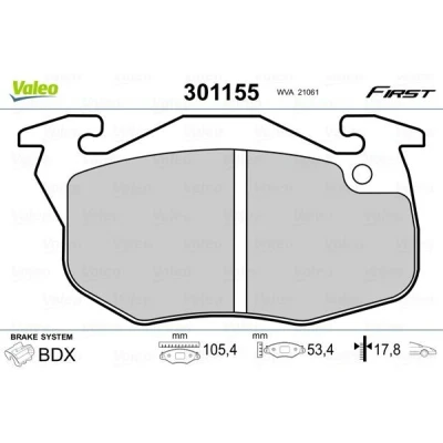 Bilde av VALEO 301155 Bremseklosser FIRST framaksel ekskl. slitasjevarselkontakt uten antiskrike blikk PEUGEOT: 306 Hatchback, CITROËN: ZX Hatchback