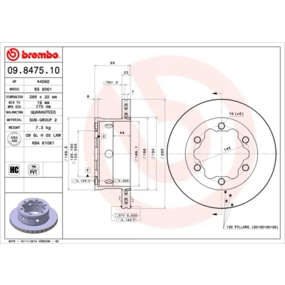 Bilde av BREMBO 09.8475.10 Bremseskiver 285 22 6 innvendig ventilert høy karbon MERCEDES BENZ: Sprinter 3 T Flatvogn lastebil/Chassis, Minibuss