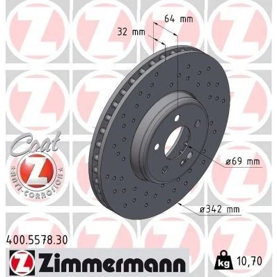 Bilde av ZIMMERMANN bremseskive 32mm 6/5 5 hull 112mm innvendig ventilert, hullet, todelt belagt høy karbon 400.5578.30 2234210000,A2234210000